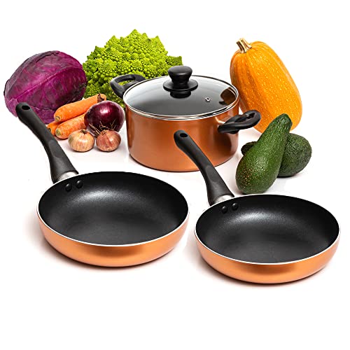 Moss & Stone 4 Peice Nonstick , Aluminum, Copper Pots and Pans Set with Glass Lid, Copper Cookware Set