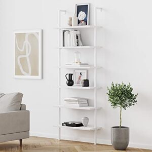 nathan james theo 6-shelf tall modern bookshelf, wall mount ladder shelf bookcase with wood and industrial metal frame, matte white
