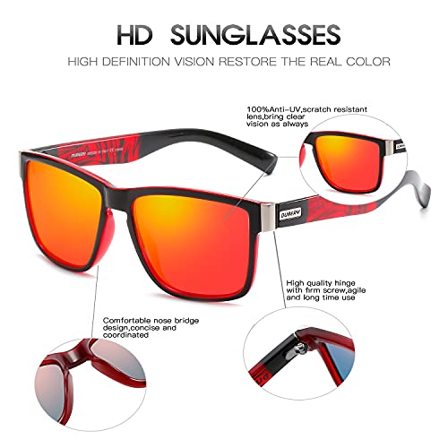 DUBERY Vintage Polarized Sunglasses for Men Women Retro Square Sun Glasses D518 (Black&Red/Red)