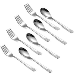 8 pieces kids utensils stainless steel kids toddler flatware kids spoon and fork set includes 4 spoon and 4 fork with smile mirror polished for children daily use preschooler (silver)