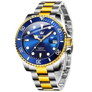 olevs automatic watches for men large face stainless steel wrist watch blue classic luxury men's self winding watches silver gold tone date waterproof mens mechanical watches relojes para hombres