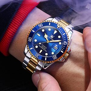 OLEVS Automatic Watches for Men Large Face Stainless Steel Wrist Watch Blue Classic Luxury Men's Self Winding Watches Silver Gold Tone Date Waterproof Mens Mechanical Watches Relojes para Hombres