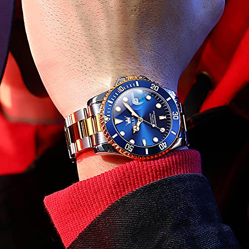 OLEVS Automatic Watches for Men Large Face Stainless Steel Wrist Watch Blue Classic Luxury Men's Self Winding Watches Silver Gold Tone Date Waterproof Mens Mechanical Watches Relojes para Hombres