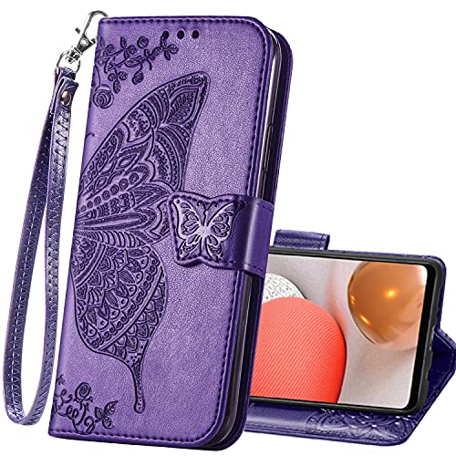 PU Leather Wallet Flip Protective Phone Case with Wrist Strap Card Slots Holder Pocket Emboss Butterfly Flower Stand Case for Samsung Galaxy A32 5G Purple