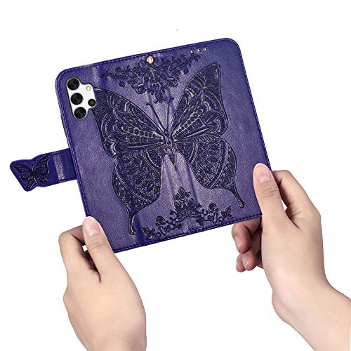 PU Leather Wallet Flip Protective Phone Case with Wrist Strap Card Slots Holder Pocket Emboss Butterfly Flower Stand Case for Samsung Galaxy A32 5G Purple