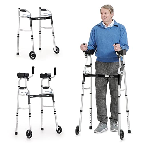 OasisSpace Folding Walker - Standard Walker with 5’’ Wheels and Removable Padded Armrests 300lbs, Platform Walker with Arm Support for Senior, Handicap & Disabled