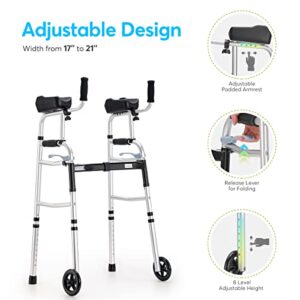 OasisSpace Folding Walker - Standard Walker with 5’’ Wheels and Removable Padded Armrests 300lbs, Platform Walker with Arm Support for Senior, Handicap & Disabled