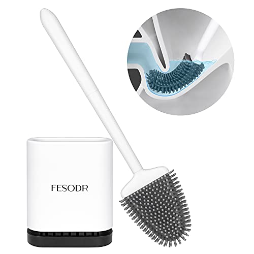 FESODR Toilet Brush with Holder (32Pcs Hooks Included), Silicone Brush Head Easily Clean Dead Corners, White