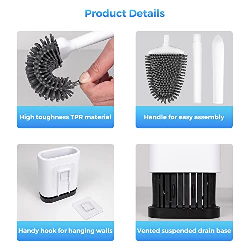 FESODR Toilet Brush with Holder (32Pcs Hooks Included), Silicone Brush Head Easily Clean Dead Corners, White