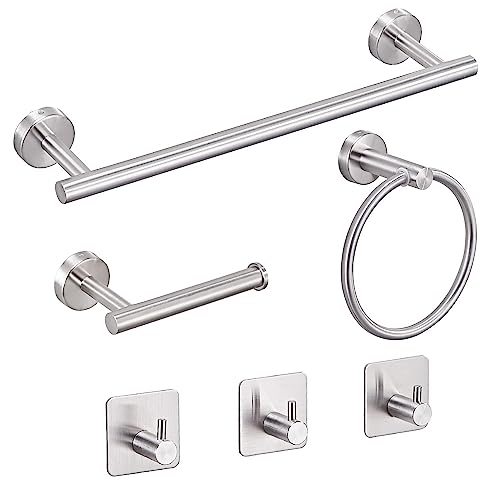 GERUSEA 6 PCS Bathroom Hardware Set, Brushed Nickel Towel Bar, Stainless Steel Towel Rack Wall Mounted Bathroom Accessories Set, 16'' Hand Towel Rod, Toilet Paper Holders, Towel Ring, 3 Towel Hooks