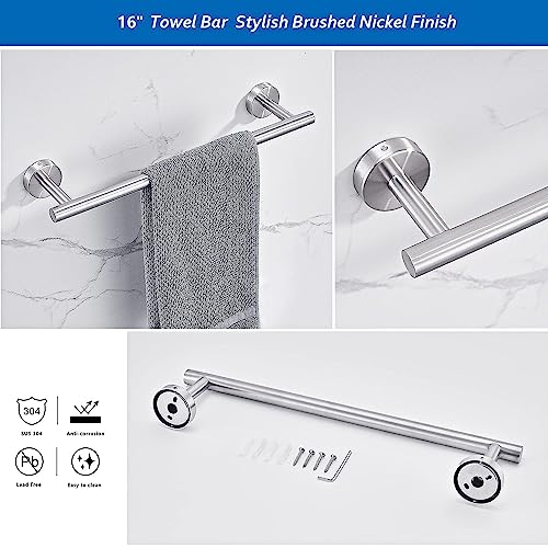 GERUSEA 6 PCS Bathroom Hardware Set, Brushed Nickel Towel Bar, Stainless Steel Towel Rack Wall Mounted Bathroom Accessories Set, 16'' Hand Towel Rod, Toilet Paper Holders, Towel Ring, 3 Towel Hooks