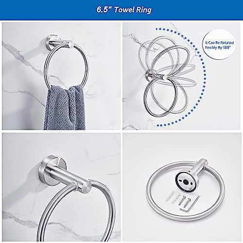 GERUSEA 6 PCS Bathroom Hardware Set, Brushed Nickel Towel Bar, Stainless Steel Towel Rack Wall Mounted Bathroom Accessories Set, 16'' Hand Towel Rod, Toilet Paper Holders, Towel Ring, 3 Towel Hooks