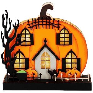lulu home halloween tabletop decoration, wooden lighted pumpkin house decoration ornaments, battery operated halloween sign indoor fireplace desk kitchen table ornament, 9 x 9 x 2.1 in