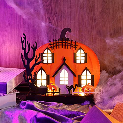Lulu Home Halloween Tabletop Decoration, Wooden Lighted Pumpkin House Decoration Ornaments, Battery Operated Halloween Sign Indoor Fireplace Desk Kitchen Table Ornament, 9 x 9 x 2.1 in
