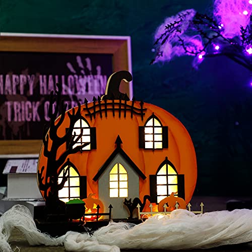 Lulu Home Halloween Tabletop Decoration, Wooden Lighted Pumpkin House Decoration Ornaments, Battery Operated Halloween Sign Indoor Fireplace Desk Kitchen Table Ornament, 9 x 9 x 2.1 in