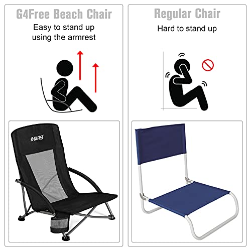 G4Free 2 Pack Low Sling Beach Chair, Folding Portable Beach Chair, Backpack Camping Chair for Adults with Mesh Back and Low Seat, Heavy Duty Reclining for Sand Camping Black