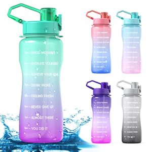 y&3 64oz half gallon water bottle with straw & time marker, leakproof, bpa free tritan water jug, motivational water bottle with handle, for outdoor, fitness, gym (green/purple gradient, 64oz)