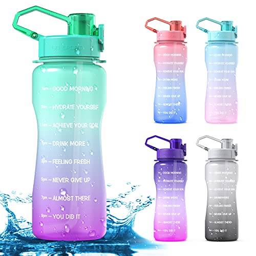 Y&3 64oz Half Gallon Water Bottle with Straw & Time Marker, Leakproof, BPA Free Tritan Water Jug, Motivational Water Bottle with Handle, For Outdoor, Fitness, Gym (Green/Purple Gradient, 64oz)