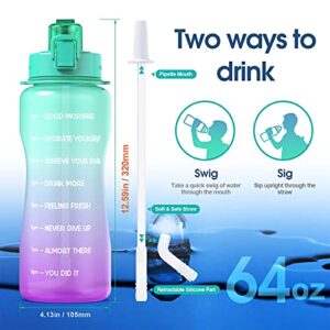 Y&3 64oz Half Gallon Water Bottle with Straw & Time Marker, Leakproof, BPA Free Tritan Water Jug, Motivational Water Bottle with Handle, For Outdoor, Fitness, Gym (Green/Purple Gradient, 64oz)