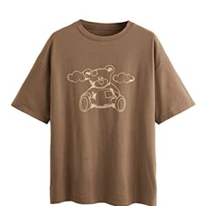 SOLY HUX Women's Cartoon Bear Print Short Sleeve Tee Casual Summer T Shirt Top Mocha Brown L