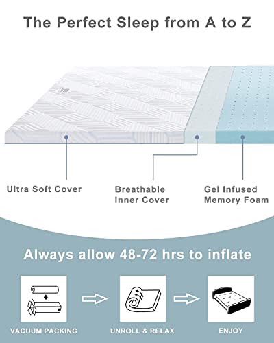 BedStory 2 Inch Premium Memory Foam Mattress Topper, Queen Size Gel Infused Bed Toppers, Soft Foam Pad with Removable Cover