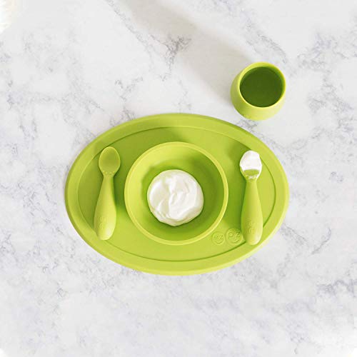 ezpz Tiny Collection Set (Lime) - 100% Silicone Cup, Spoon & Bowl with Built-in Placemat for First Foods + Baby Led Weaning + Purees - Designed by a Pediatric Feeding Specialist - 6 Months+