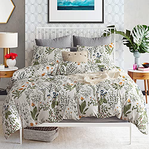 ECOCOTT 3 Pieces Floral Duvet Cover Sets King Size,100% Natural Cotton Floral Pattern 1 Duvet Cover with Zipper and 2 Pillowcases, Ultra Soft and Easy Care Breathable Cozy Simple Style Bedding Set