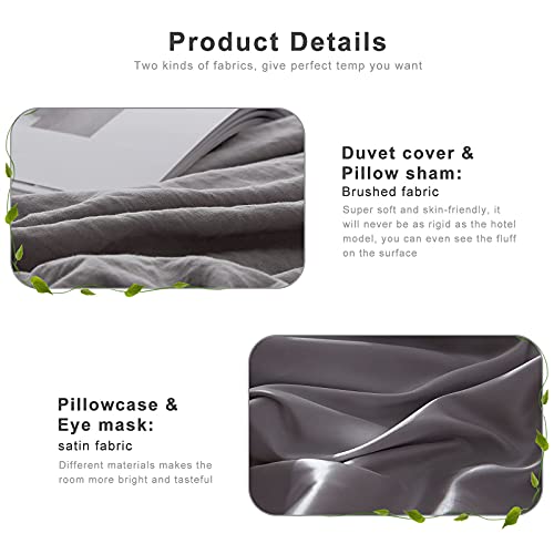 SEMECH Duvet Cover Queen Size Grey Microfiber Comforter Cover Set 5 Piece with Eye Mask and Zipper, 2 Brushed Pillow Shams and 2 Satin Pillowcases - 90x90 inches