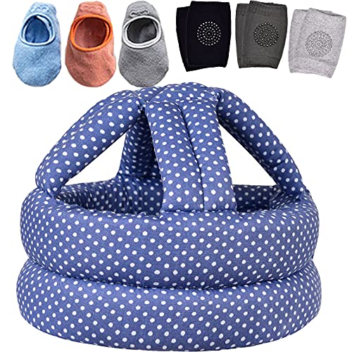 Baby Safety Helmet, Infant Baby Head Protector with 3 Pairs Baby Knee Pads for Crawling & 3 Pairs Baby Socks, Head Cushion Bumper Bonnet, Soft Headguard for Toddler Learning to Walk, Blue Dot