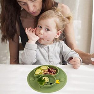 Baby Divided Plate Placemat Silicone- Portable Non Slip Child Feeding Suction Plate for Children Babies and Kids BPA Free Baby Dinner Plate Microwave Dishwasher Safe (Duck-Endive)