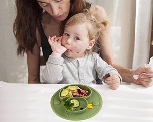 Baby Divided Plate Placemat Silicone- Portable Non Slip Child Feeding Suction Plate for Children Babies and Kids BPA Free Baby Dinner Plate Microwave Dishwasher Safe (Duck-Endive)