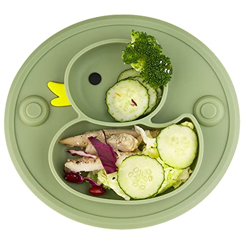 Baby Divided Plate Placemat Silicone- Portable Non Slip Child Feeding Suction Plate for Children Babies and Kids BPA Free Baby Dinner Plate Microwave Dishwasher Safe (Duck-Endive)