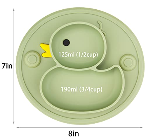 Baby Divided Plate Placemat Silicone- Portable Non Slip Child Feeding Suction Plate for Children Babies and Kids BPA Free Baby Dinner Plate Microwave Dishwasher Safe (Duck-Endive)