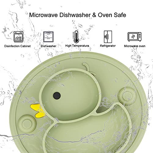 Baby Divided Plate Placemat Silicone- Portable Non Slip Child Feeding Suction Plate for Children Babies and Kids BPA Free Baby Dinner Plate Microwave Dishwasher Safe (Duck-Endive)