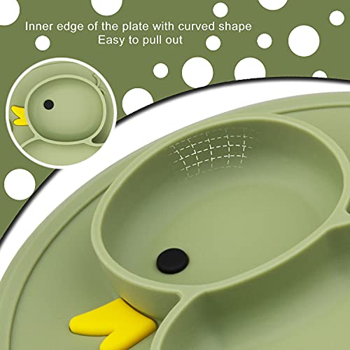 Baby Divided Plate Placemat Silicone- Portable Non Slip Child Feeding Suction Plate for Children Babies and Kids BPA Free Baby Dinner Plate Microwave Dishwasher Safe (Duck-Endive)