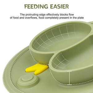 Baby Divided Plate Placemat Silicone- Portable Non Slip Child Feeding Suction Plate for Children Babies and Kids BPA Free Baby Dinner Plate Microwave Dishwasher Safe (Duck-Endive)