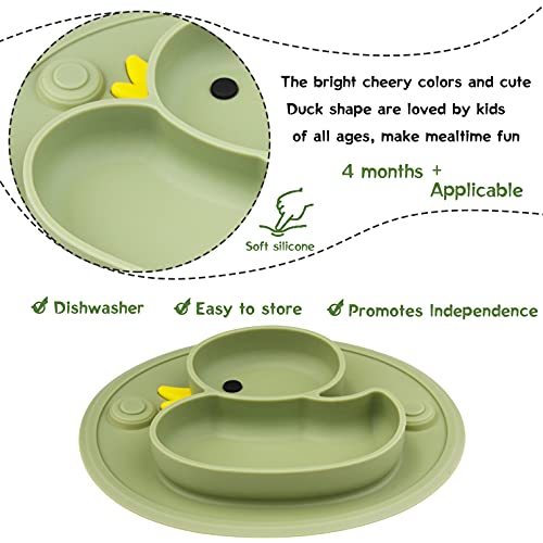 Baby Divided Plate Placemat Silicone- Portable Non Slip Child Feeding Suction Plate for Children Babies and Kids BPA Free Baby Dinner Plate Microwave Dishwasher Safe (Duck-Endive)