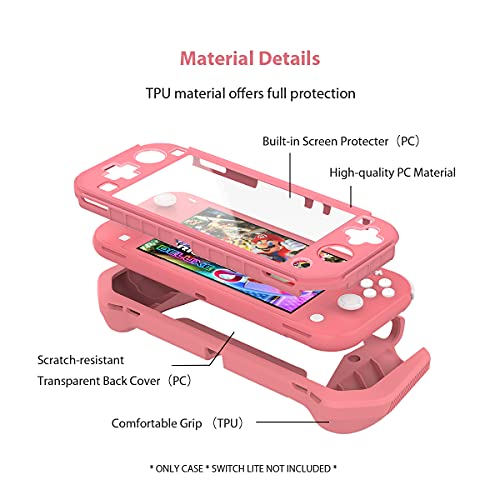 Switch Lite Case Protective Case for Nintendo Switch Lite, Compatible with Nintendo Switch Lite Screen Protector Cover Hand Grip Case with Detachable TPU+Built-in PC Screen + 2 Thumb Grip Caps, Pink