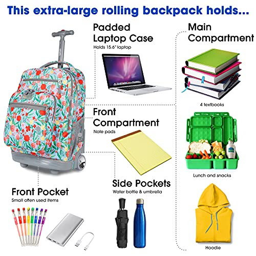 J World New York Sundance Rolling Backpack Girl Boy Roller Bookbag, Flora, 20 Inch
