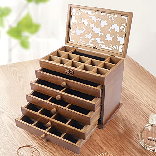 Aohuada Large Retro 6 Layers Wooden Jewellery Box Cabinet Display Organizer Wooden Jewelry Chest as Gift for Mom and Girlfriend