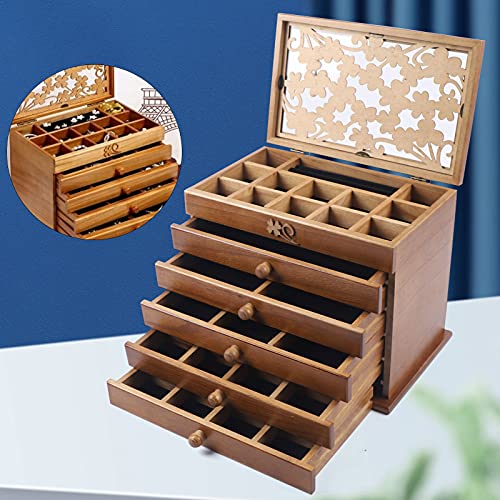 Aohuada Large Retro 6 Layers Wooden Jewellery Box Cabinet Display Organizer Wooden Jewelry Chest as Gift for Mom and Girlfriend