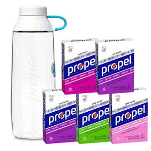 propel 20oz reusable bottle, bpa free, impact resistant, on-the-go strap, dishwasher safe, white + propel powder packets four-flavor variety pack with electrolytes, vitamins and no sugar (50 count)