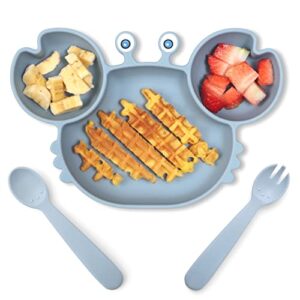 rocced [upgraded] suction plates for baby, silicone plates with suction divided, baby spoon fork set for toddler baby dishes kids plates and utensils-crab dark blue