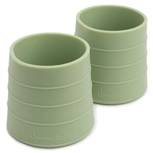 upward baby silicone cups 2 pc set - transition baby open cup from bottle + easy grip toddler cups spill proof for 1 year old + montessori silicone cup baby led weaning supplies dishwasher safe(green)