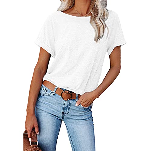 Womens Casual Tshirts Loose Fit Rolled Sleeve Summer Tops Crewneck Tunic Tops for Leggings White M