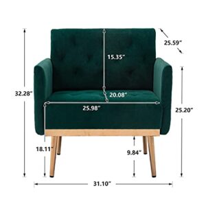 SLEERWAY Modern Velvet Single Sofa Chair, Upholstered Accent Living Room Chair, Comfy Armchair with Rose Golden Metal Legs, Tufted Chair for Reading or Lounging (Green)