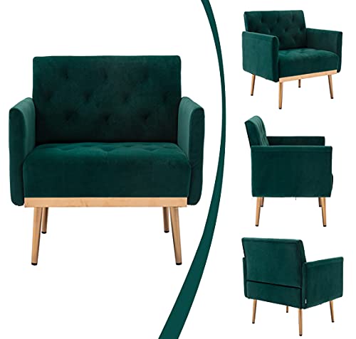 SLEERWAY Modern Velvet Single Sofa Chair, Upholstered Accent Living Room Chair, Comfy Armchair with Rose Golden Metal Legs, Tufted Chair for Reading or Lounging (Green)