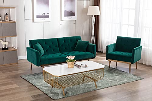 SLEERWAY Modern Velvet Single Sofa Chair, Upholstered Accent Living Room Chair, Comfy Armchair with Rose Golden Metal Legs, Tufted Chair for Reading or Lounging (Green)