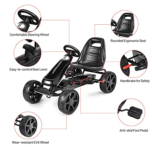 HONEY JOY Pedal Go Kart, 4-Wheel Off Road Pedal Car w/Handbrake & Clutch, 2-Position Adjustable Seat, Ride On Go Cart for Kids, Gift for Boys Girls(Black)