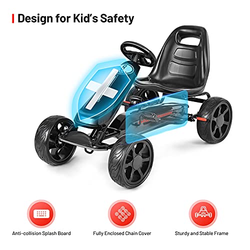 HONEY JOY Pedal Go Kart, 4-Wheel Off Road Pedal Car w/Handbrake & Clutch, 2-Position Adjustable Seat, Ride On Go Cart for Kids, Gift for Boys Girls(Black)